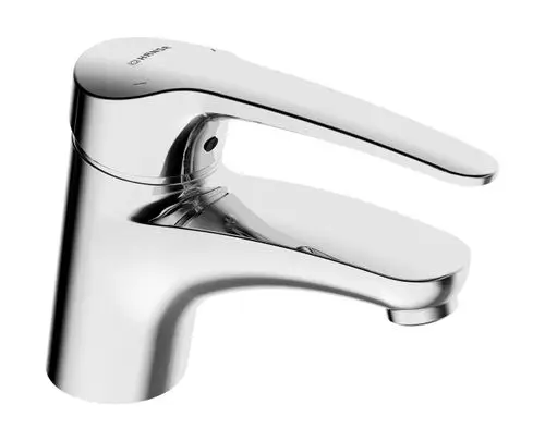 Einhebelmischer in Chromfinish mit langem Bedienungshebel. Der Wasserhahn hat eine klare Formgebung und stammt von der Marke HANSA.